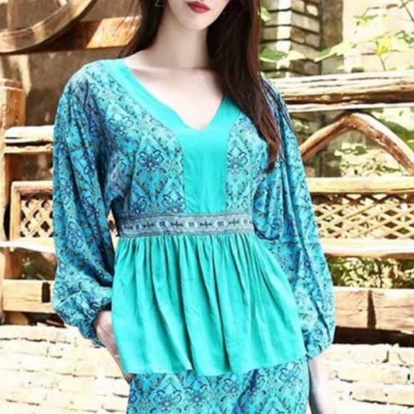 {NWT} Gypsy Style Boho Blouse Ocean Turquoise S/M - Picture 3 of 11